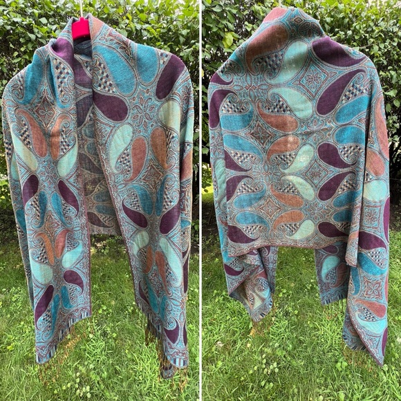 ☯️Like New Reversible Blue / Brown / Rust Paisley Pashmina/Silk/Wrap/Shawl - Picture 15 of 17